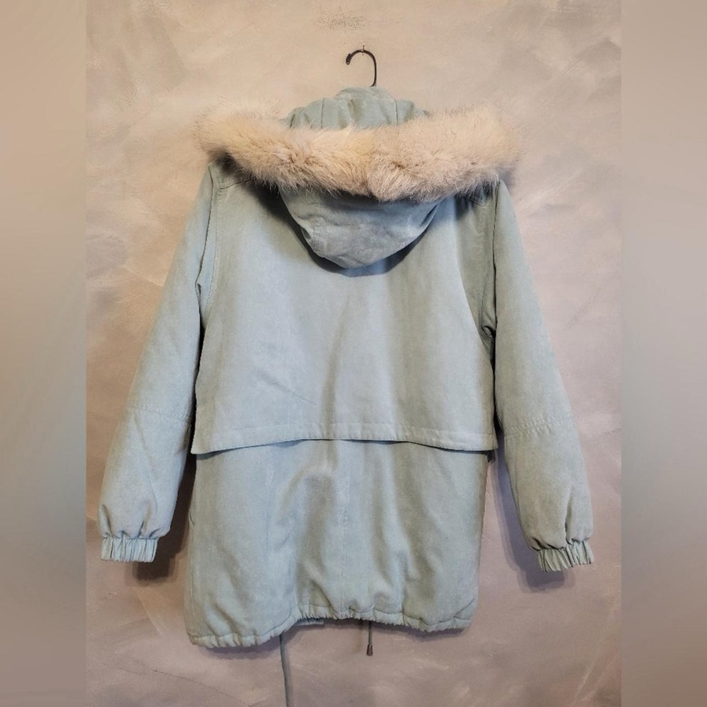 Vintage Fox fur Hooded 90s Y2K Blue Jacket Microfiber faux Suede Puff Coat Sz S